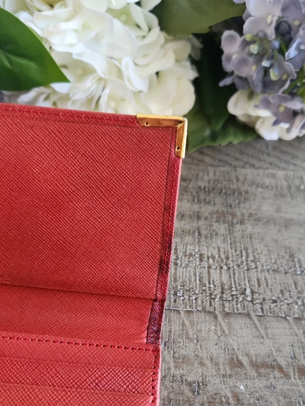 Givenchy Red Textured Leather Long Wallet with Gold Corner Accents